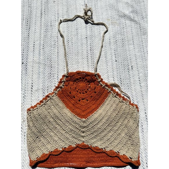 BOG Collective Top Medium Orange Cropped Crochet Halter Neck Twist 90's Womens - Picture 4 of 13